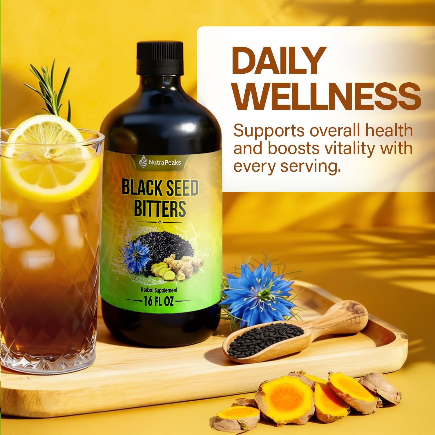 Black Seed Oil Bitters Liquid - Premium Herbal Blend with Black Seed Extract, Curcumin (Turmeric Extract), Ashwagandha, Elderberry, Probiotics, Vitamin C, Zinc...16 fl oz | Natural Botanical Blend - dailyvitalstore