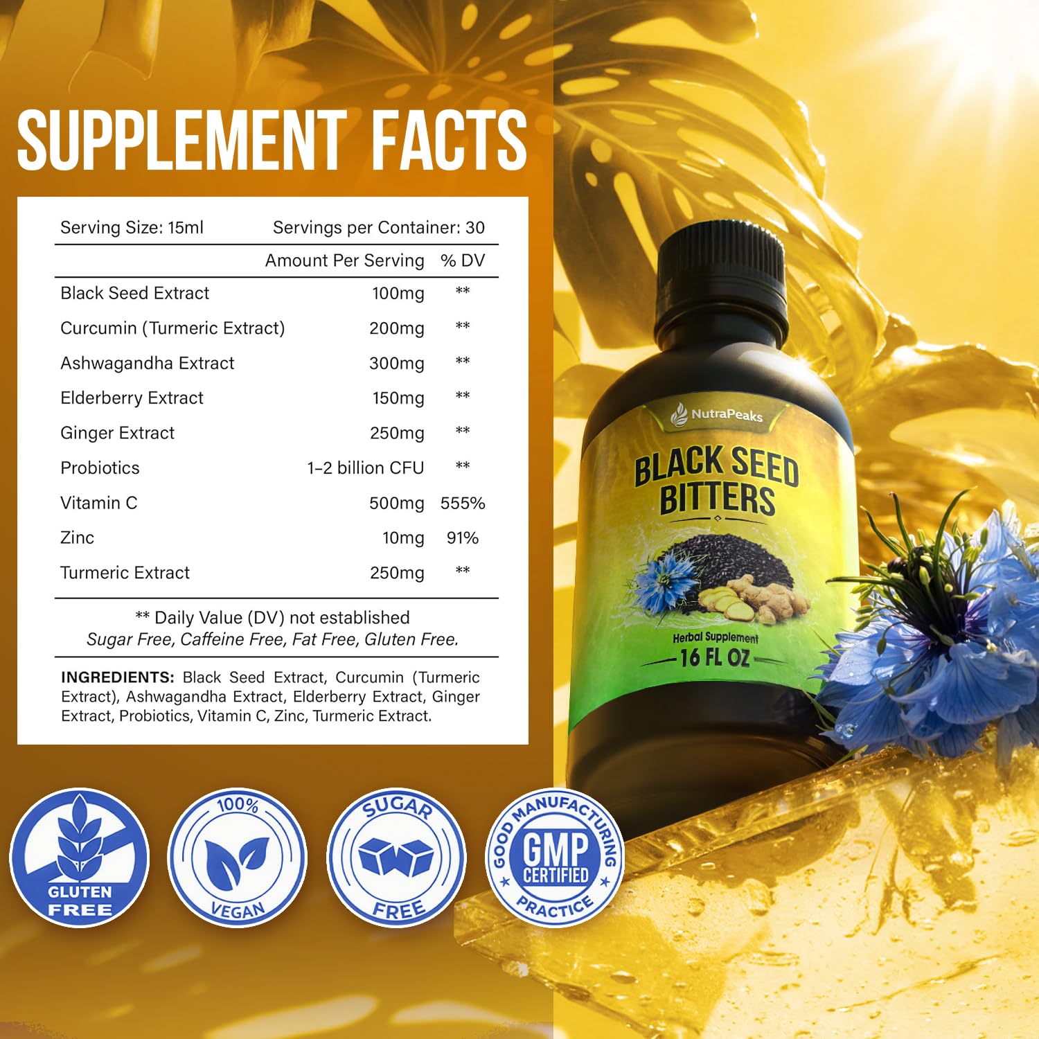 Black Seed Oil Bitters Liquid - Premium Herbal Blend with Black Seed Extract, Curcumin (Turmeric Extract), Ashwagandha, Elderberry, Probiotics, Vitamin C, Zinc...16 fl oz | Natural Botanical Blend - dailyvitalstore