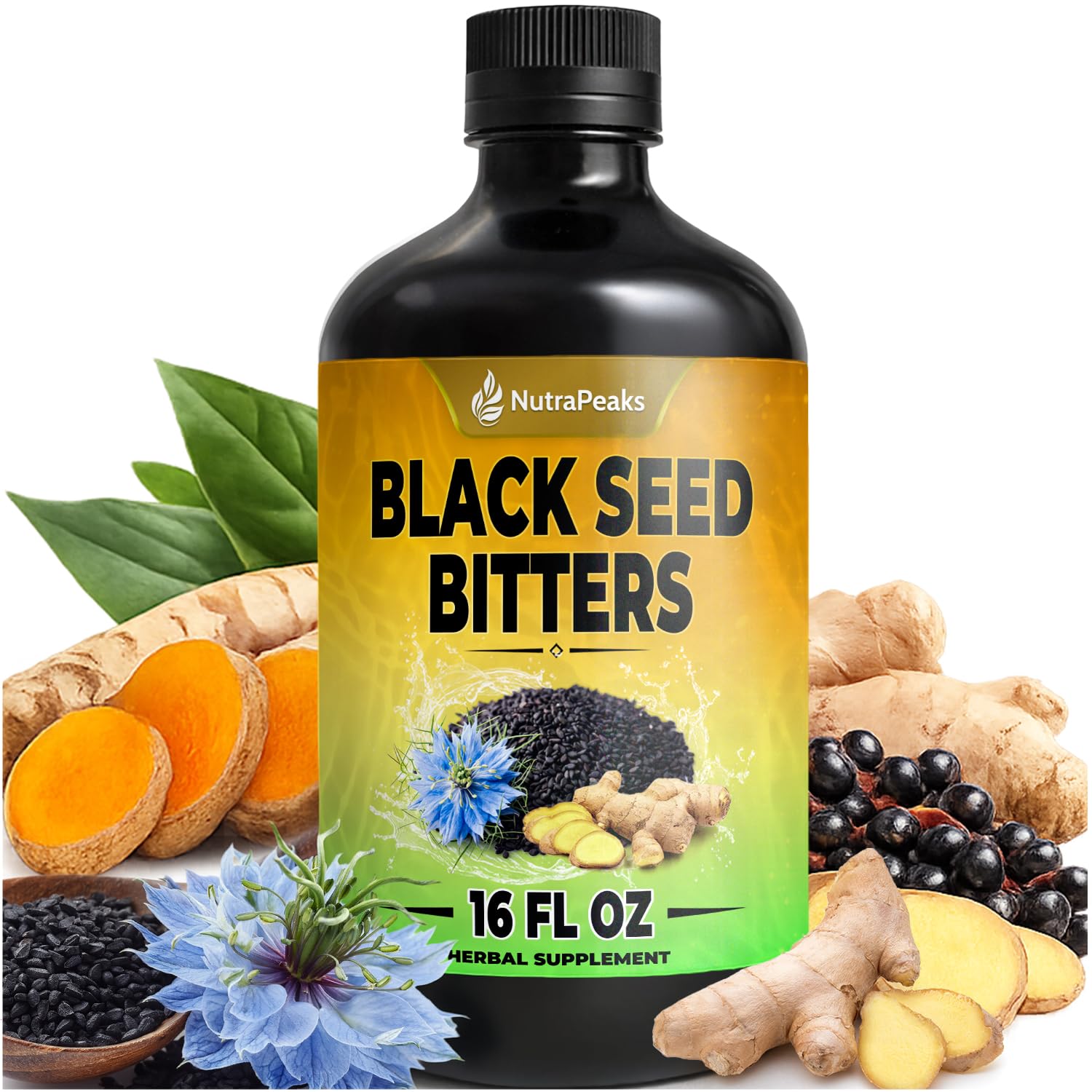 Black Seed Oil Bitters Liquid - Premium Herbal Blend with Black Seed Extract, Curcumin (Turmeric Extract), Ashwagandha, Elderberry, Probiotics, Vitamin C, Zinc...16 fl oz | Natural Botanical Blend - dailyvitalstore