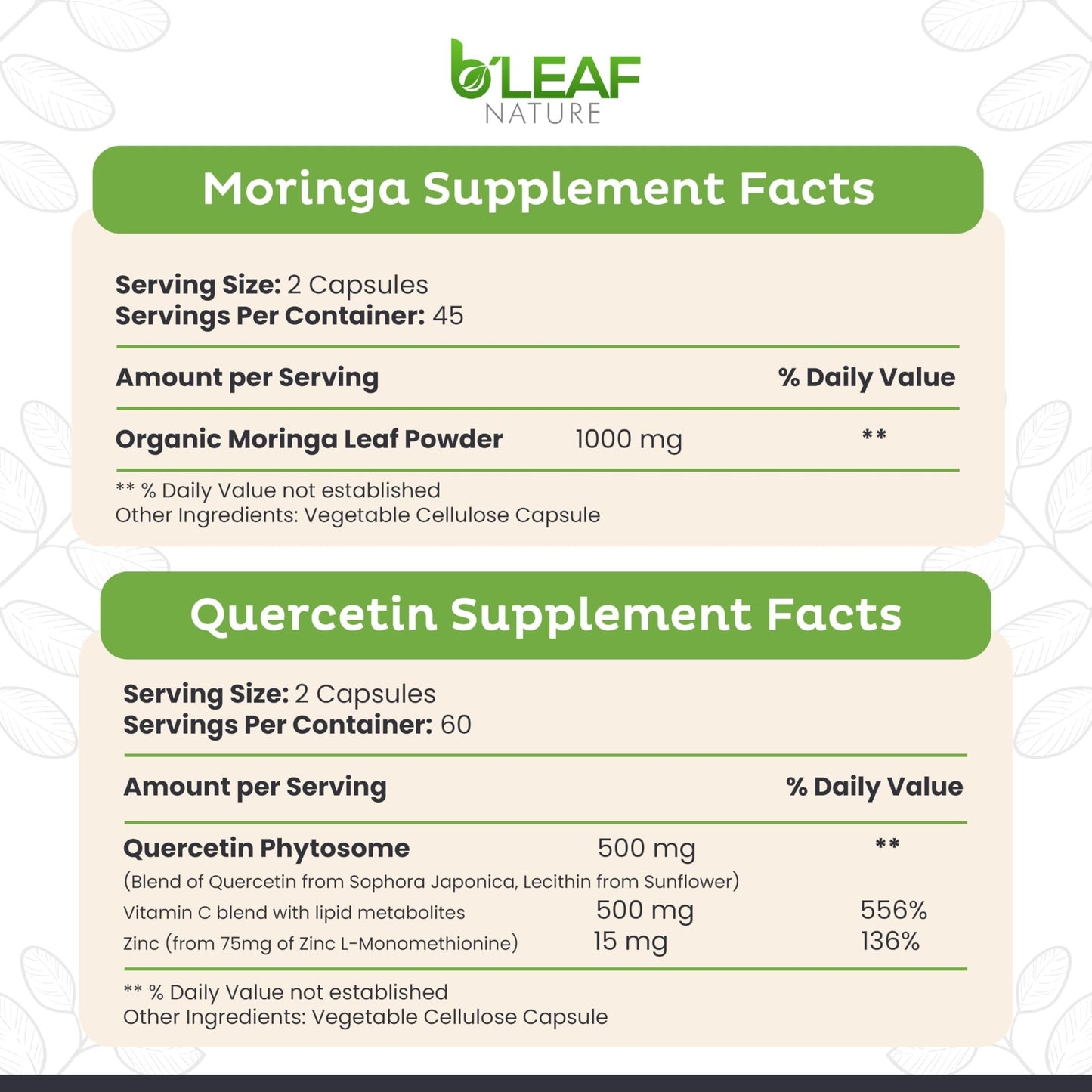 B'LEAF NATURE Moringa and Quercetin Bundle - Non-GMO, Vegan, High Absorption Capsules - 1000mg Quercetin Phytosome Blend + 1000mg Moringa - Natural Energy, Wellness and Immune Support Supplements - dailyvitalstore
