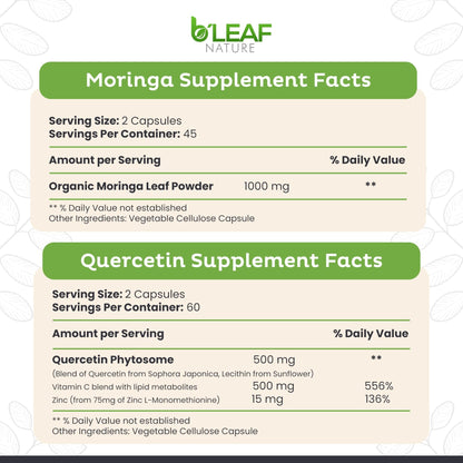 B'LEAF NATURE Moringa and Quercetin Bundle - Non-GMO, Vegan, High Absorption Capsules - 1000mg Quercetin Phytosome Blend + 1000mg Moringa - Natural Energy, Wellness and Immune Support Supplements - dailyvitalstore