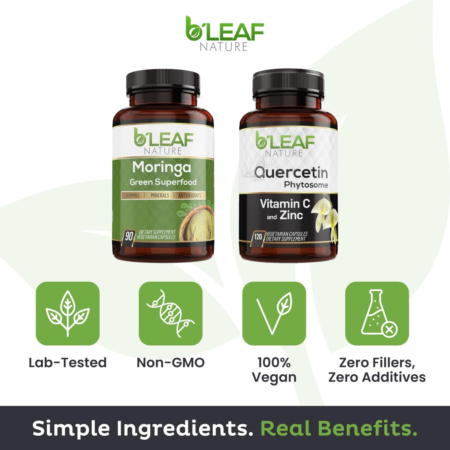 B'LEAF NATURE Moringa and Quercetin Bundle - Non-GMO, Vegan, High Absorption Capsules - 1000mg Quercetin Phytosome Blend + 1000mg Moringa - Natural Energy, Wellness and Immune Support Supplements - dailyvitalstore
