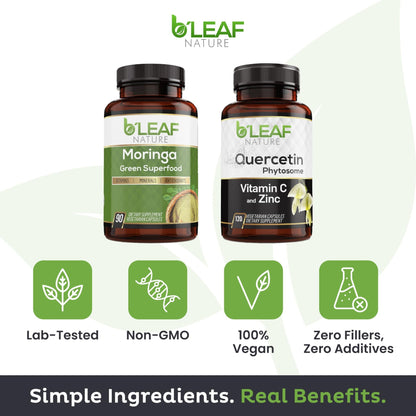 B'LEAF NATURE Moringa and Quercetin Bundle - Non-GMO, Vegan, High Absorption Capsules - 1000mg Quercetin Phytosome Blend + 1000mg Moringa - Natural Energy, Wellness and Immune Support Supplements - dailyvitalstore