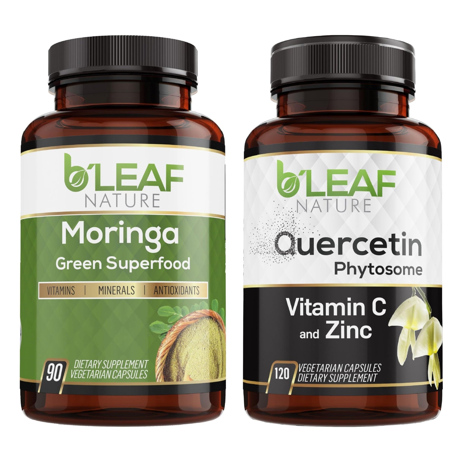 B'LEAF NATURE Moringa and Quercetin Bundle - Non-GMO, Vegan, High Absorption Capsules - 1000mg Quercetin Phytosome Blend + 1000mg Moringa - Natural Energy, Wellness and Immune Support Supplements - dailyvitalstore