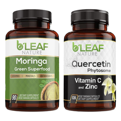 B'LEAF NATURE Moringa and Quercetin Bundle - Non-GMO, Vegan, High Absorption Capsules - 1000mg Quercetin Phytosome Blend + 1000mg Moringa - Natural Energy, Wellness and Immune Support Supplements - dailyvitalstore