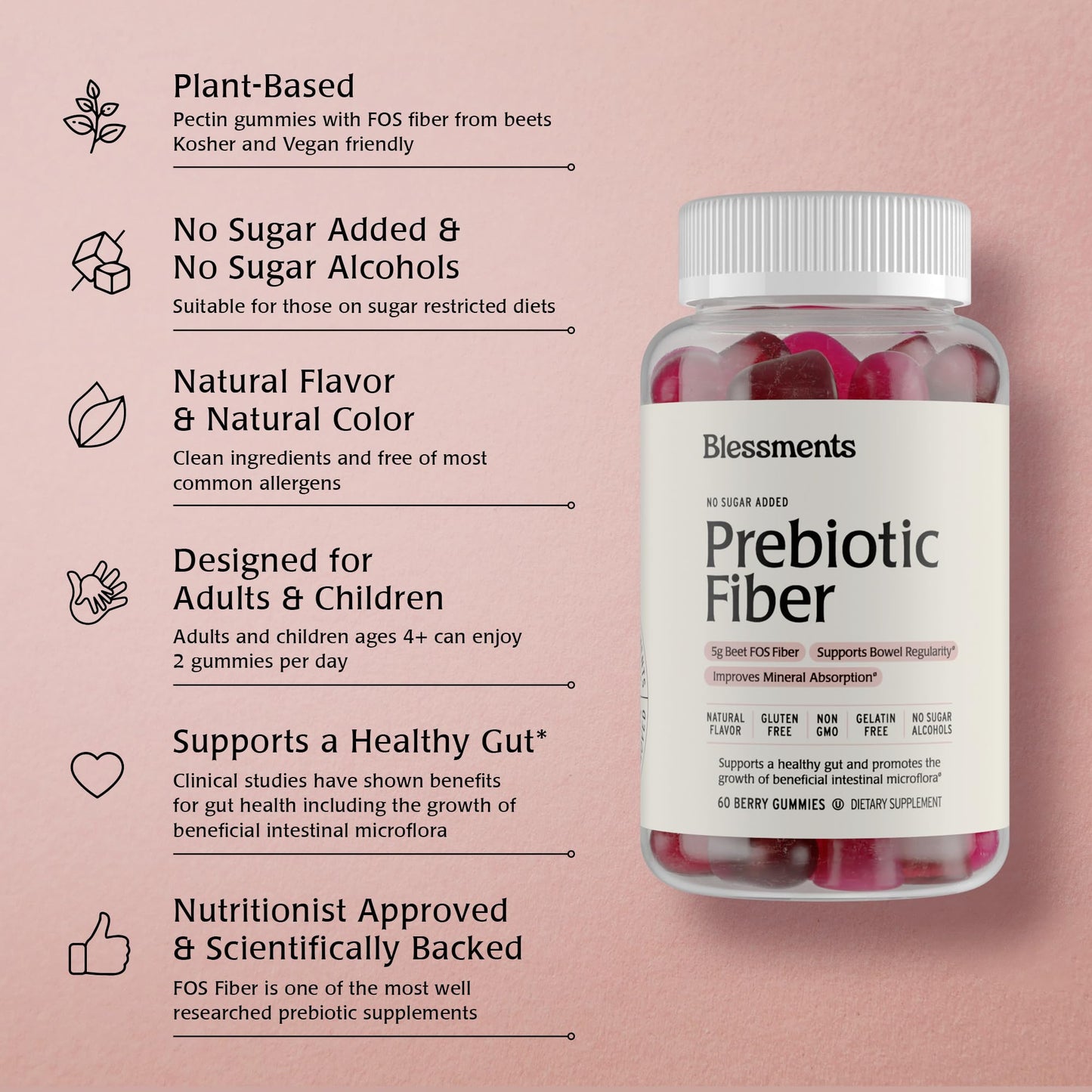 Blessments - Prebiotic Fiber Gummies for Adults & Kids with No Added Sugar- 5g (60 Count-2 Pack) High Fiber Supplement Gummies - Vegan - Keto Friendly - dailyvitalstore