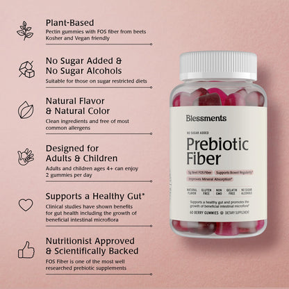 Blessments - Prebiotic Fiber Gummies for Adults & Kids with No Added Sugar- 5g (60 Count-2 Pack) High Fiber Supplement Gummies - Vegan - Keto Friendly - dailyvitalstore