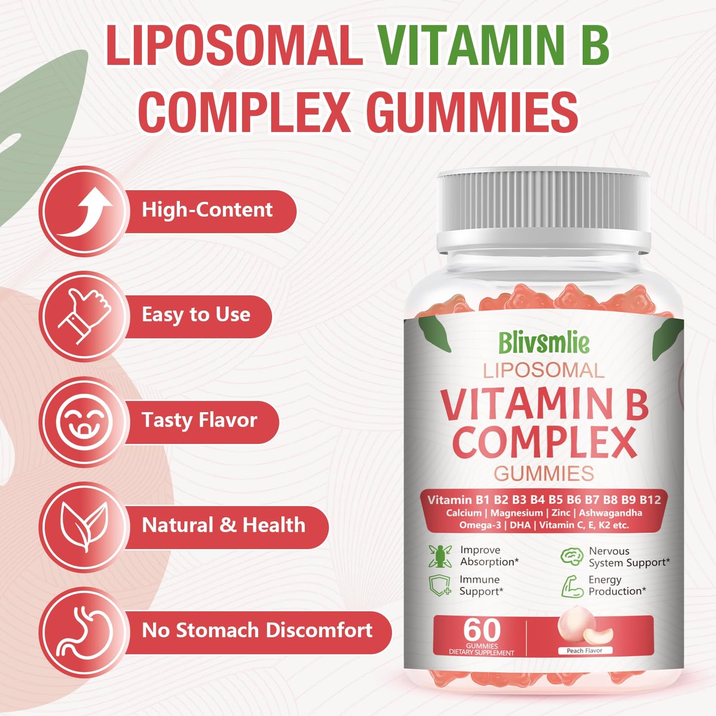 Blivsmlie 2 Pack 33-in-1 Liposomal Vitamin B Complex Gummies -B1, B2, B3, B4, B5, B6, B7, B8, B9,B12 | Vitamin C, D3,K2|Calcium,Magnesiun,Zinc etc.for Energy - dailyvitalstore