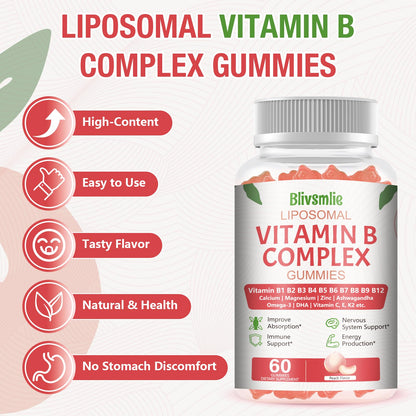 Blivsmlie 2 Pack 33-in-1 Liposomal Vitamin B Complex Gummies -B1, B2, B3, B4, B5, B6, B7, B8, B9,B12 | Vitamin C, D3,K2|Calcium,Magnesiun,Zinc etc.for Energy - dailyvitalstore