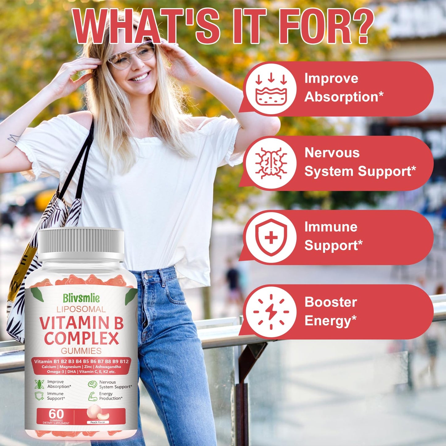 Blivsmlie 2 Pack 33-in-1 Liposomal Vitamin B Complex Gummies -B1, B2, B3, B4, B5, B6, B7, B8, B9,B12 | Vitamin C, D3,K2|Calcium,Magnesiun,Zinc etc.for Energy - dailyvitalstore