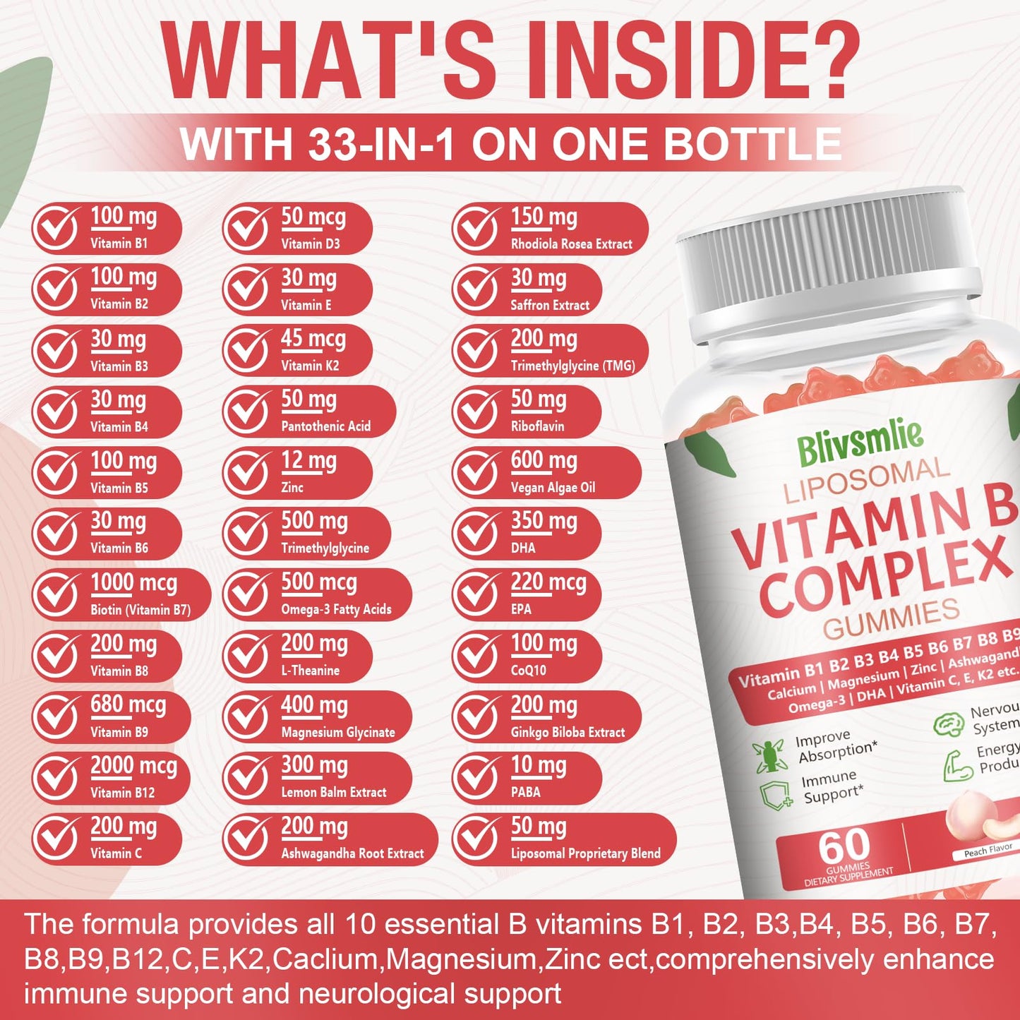 Blivsmlie 2 Pack 33-in-1 Liposomal Vitamin B Complex Gummies -B1, B2, B3, B4, B5, B6, B7, B8, B9,B12 | Vitamin C, D3,K2|Calcium,Magnesiun,Zinc etc.for Energy - dailyvitalstore