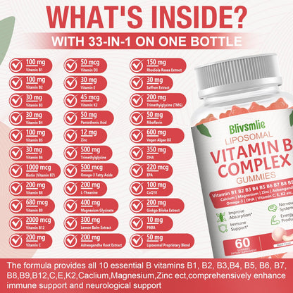 Blivsmlie 2 Pack 33-in-1 Liposomal Vitamin B Complex Gummies -B1, B2, B3, B4, B5, B6, B7, B8, B9,B12 | Vitamin C, D3,K2|Calcium,Magnesiun,Zinc etc.for Energy - dailyvitalstore