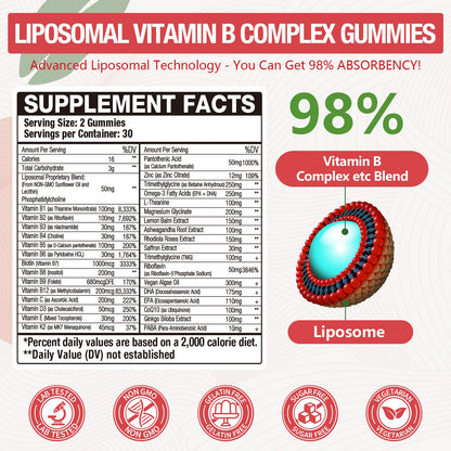 Blivsmlie 2 Pack 33-in-1 Liposomal Vitamin B Complex Gummies -B1, B2, B3, B4, B5, B6, B7, B8, B9,B12 | Vitamin C, D3,K2|Calcium,Magnesiun,Zinc etc.for Energy - dailyvitalstore