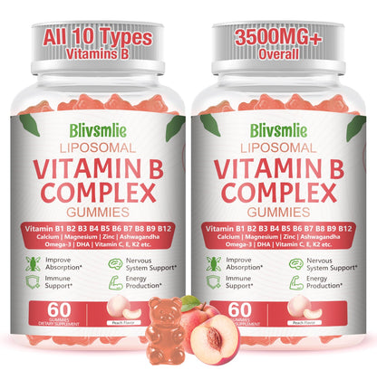 Blivsmlie 2 Pack 33-in-1 Liposomal Vitamin B Complex Gummies -B1, B2, B3, B4, B5, B6, B7, B8, B9,B12 | Vitamin C, D3,K2|Calcium,Magnesiun,Zinc etc.for Energy - dailyvitalstore