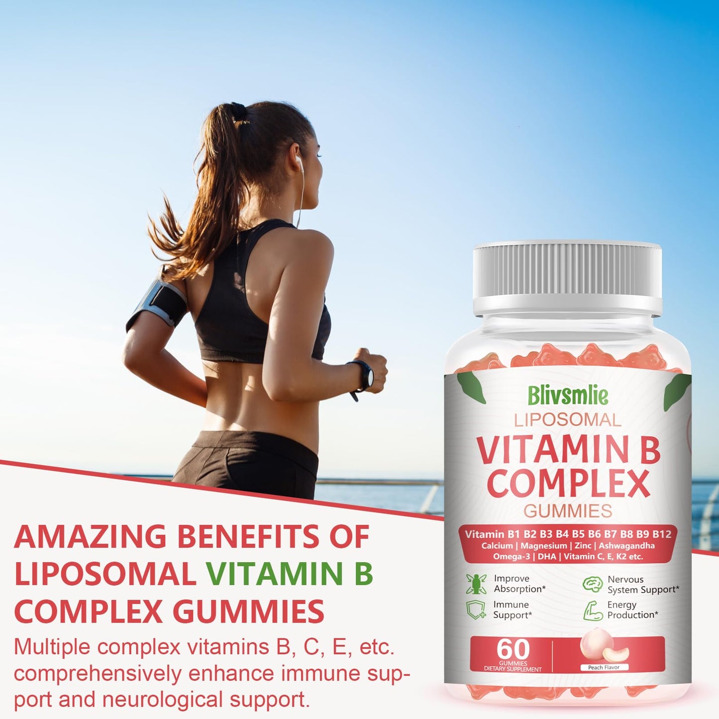 Blivsmlie 2 Pack 33-in-1 Liposomal Vitamin B Complex Gummies -B1, B2, B3, B4, B5, B6, B7, B8, B9,B12 | Vitamin C, D3,K2|Calcium,Magnesiun,Zinc etc.for Energy - dailyvitalstore
