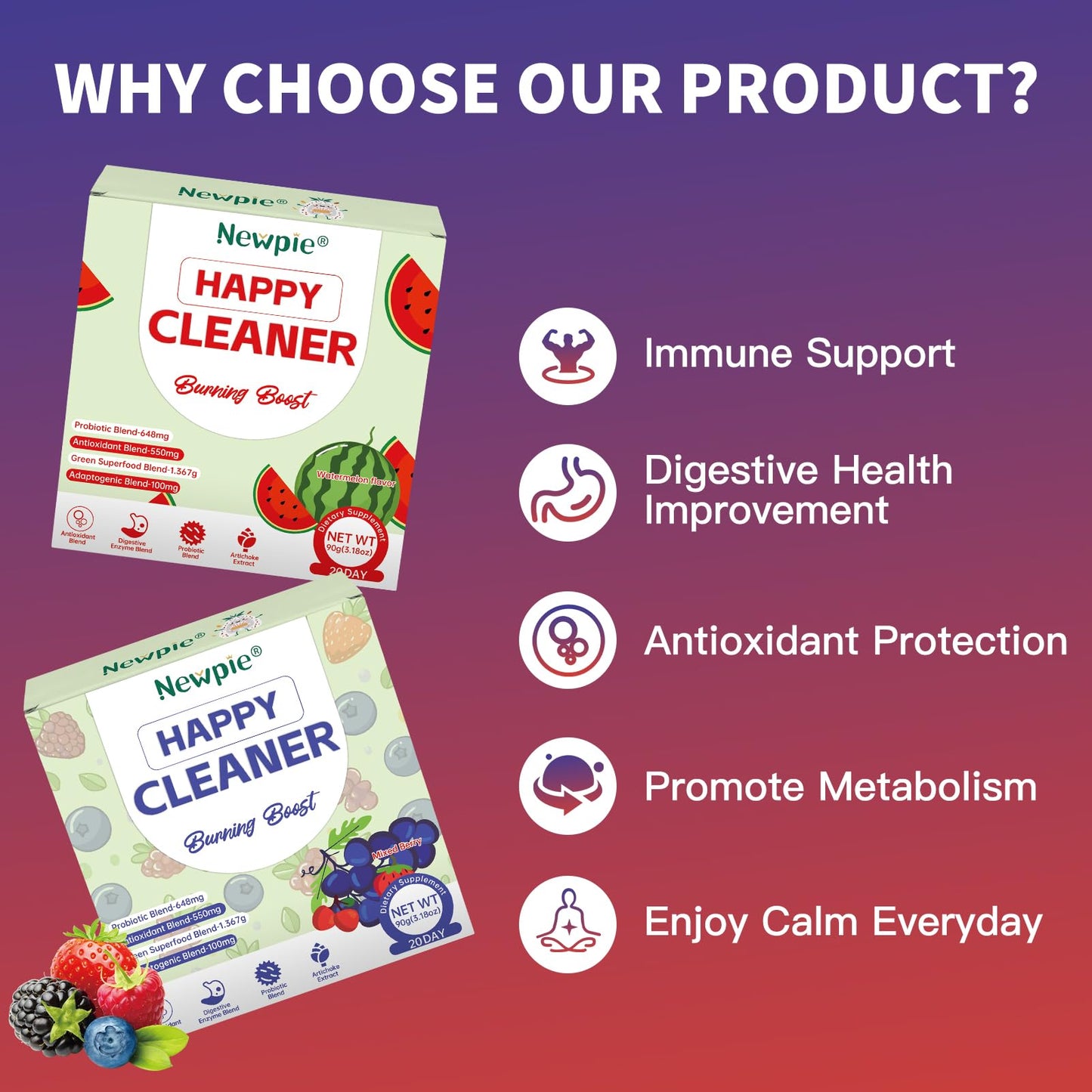 Blltzzz Newpie Superfoods Happy Cleaner Probiotic Powder,Watermelon Flavor Prebiotic & Probiotic Powder,Organic Fiber,Sugar Free,Gut Health,Natural Antioxidant - dailyvitalstore