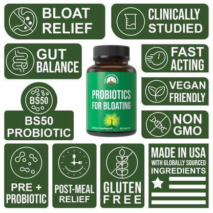 Bloat and Gas Probiotic - Proven Relief with Clinically Studied Bacillus Subtilis BS50 + Prebiotic Fiber - Fast Acting Anti Bloating Pills Supplement - dailyvitalstore