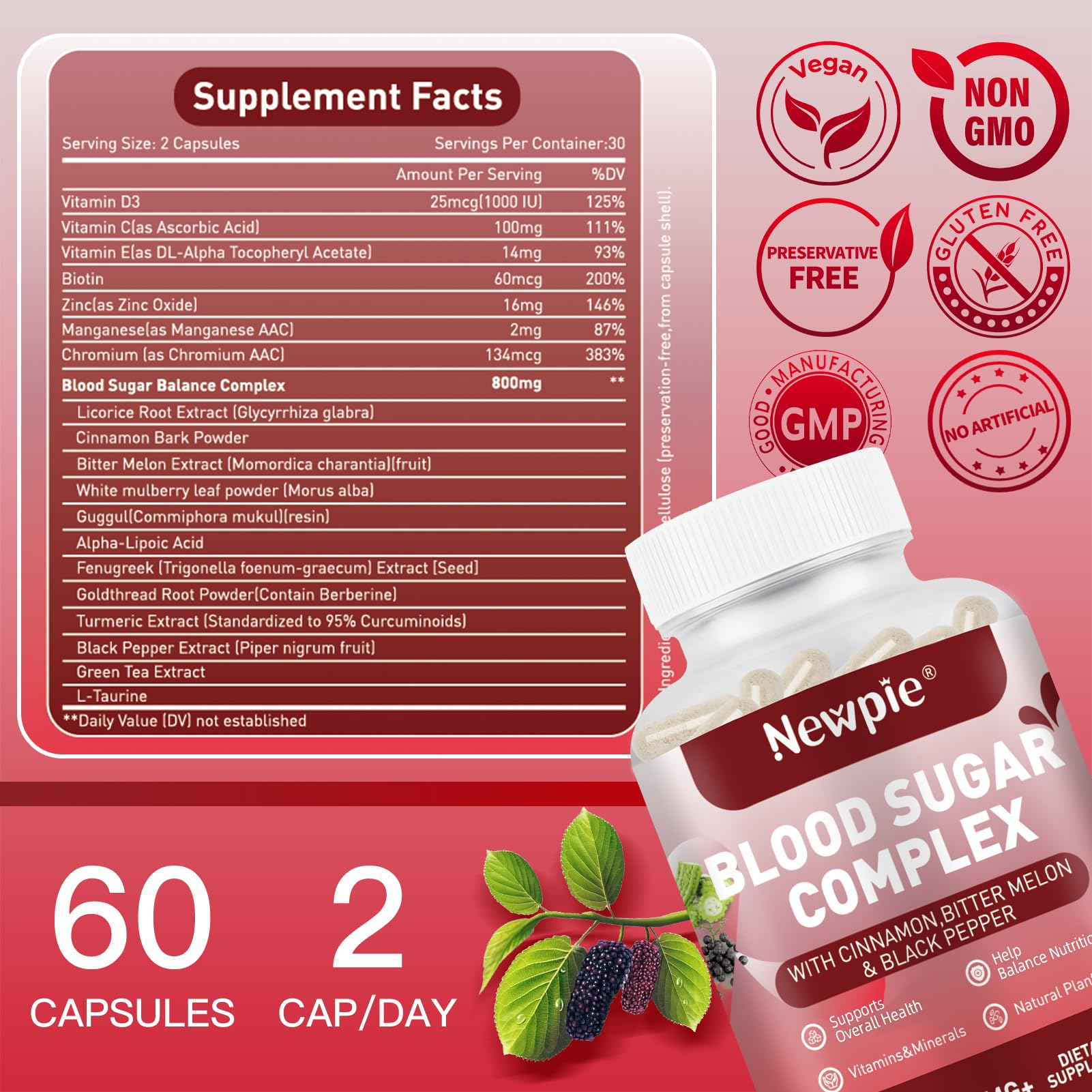 Blood Sugar Complex Supplement – Natural with 20 Active Herbs and Vitamins, Including Cinnamon, Bitter Melon, Black Pepper, Licorice, Vegan, Non-GMO, Gluten-Free, 60 Capsules - dailyvitalstore