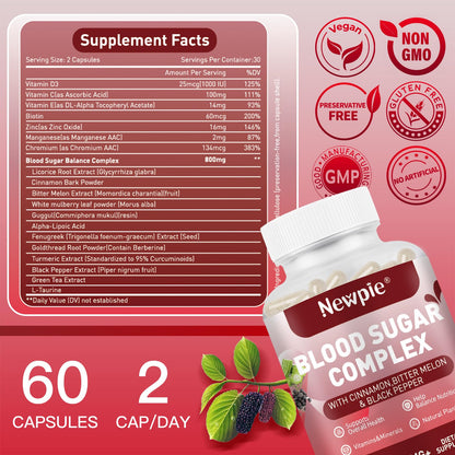 Blood Sugar Complex Supplement – Natural with 20 Active Herbs and Vitamins, Including Cinnamon, Bitter Melon, Black Pepper, Licorice, Vegan, Non-GMO, Gluten-Free, 60 Capsules - dailyvitalstore