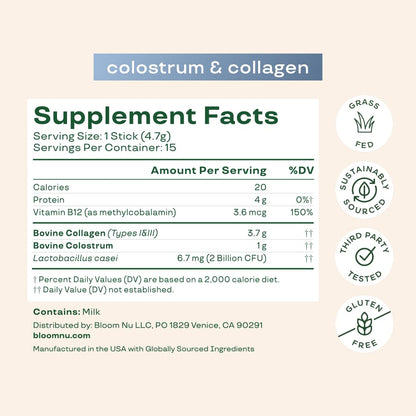 Bloom Nutrition Bovine Colostrum Powder Packet, Gut Health, Immune Support, Hair Growth & Beauty Supplement, Gluten Free, Sugar Free | Unflavored, 15 Servings - dailyvitalstore