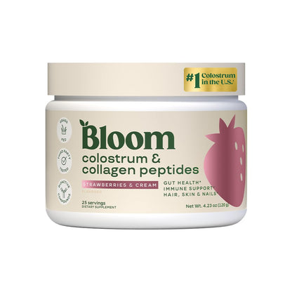 Bloom Nutrition Bovine Colostrum Powder with Vitamin B-12 for Gut Health, Immune Support, Hair Growth & Beauty Supplement | Strawberry, 25 Servings - dailyvitalstore
