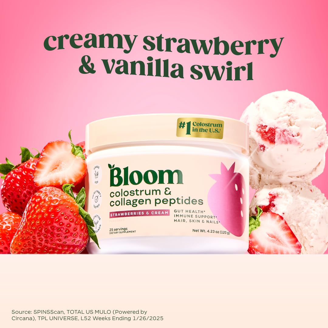 Bloom Nutrition Bovine Colostrum Powder with Vitamin B-12 for Gut Health, Immune Support, Hair Growth & Beauty Supplement | Strawberry, 25 Servings - dailyvitalstore