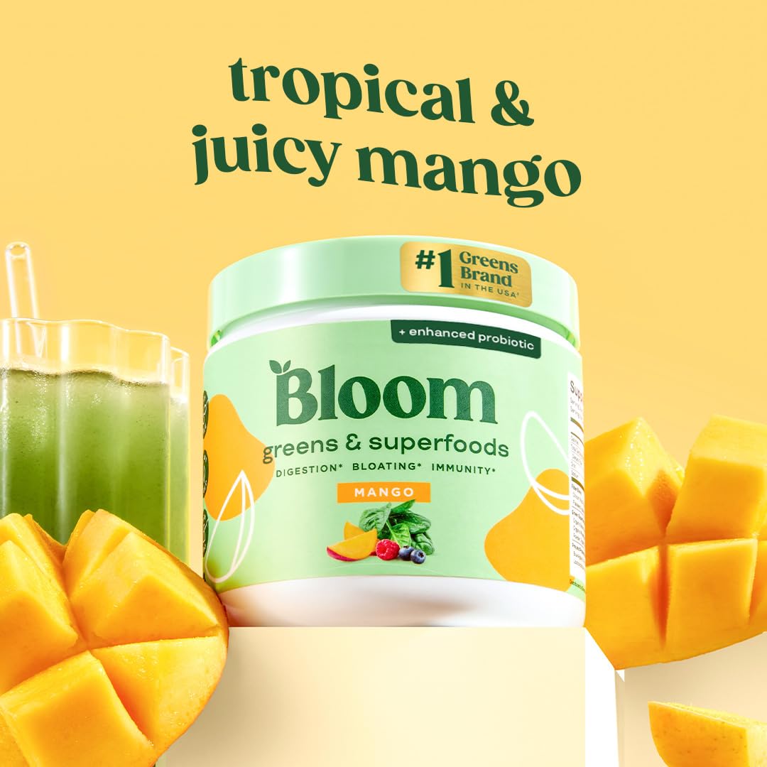 Bloom Nutrition Superfood Greens Powder, Digestive Enzymes with Probiotics and Prebiotics, Gut Health, Bloating Relief for Women, Chlorella, Green Juice Mix with Beet Root Powder, 30 SVG, Mango - dailyvitalstore