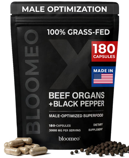 Bloomeo Beef Organ Supplement for Men | 100% Grass Fed Beef Liver Capsules with Bull Testicle, Prostate, Bone Marrow & More X: Ancestral Superfoods for Vital Energy, Immunity & Men’s Health, 180 ct - dailyvitalstore