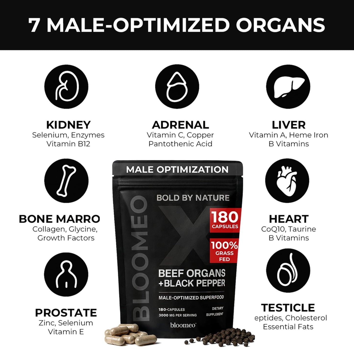 Bloomeo Beef Organ Supplement for Men | 100% Grass Fed Beef Liver Capsules with Bull Testicle, Prostate, Bone Marrow & More X: Ancestral Superfoods for Vital Energy, Immunity & Men’s Health, 180 ct - dailyvitalstore