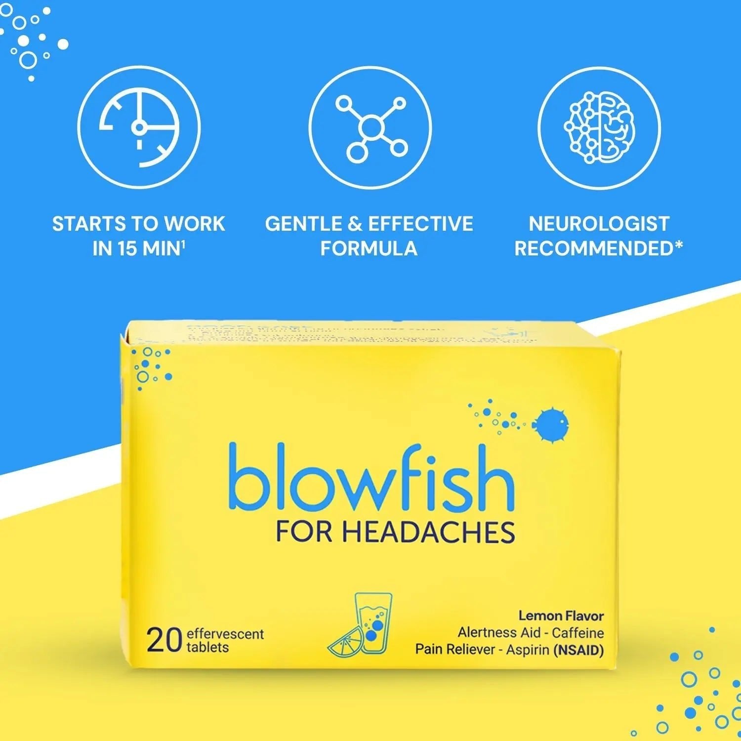 Blowfish for Headaches | Maximum Strength Effervescent Pain Relief Tablets – Treats Headaches Fast, 2X Faster Than Pills – Lemon Flavor (2 Pack) - dailyvitalstore