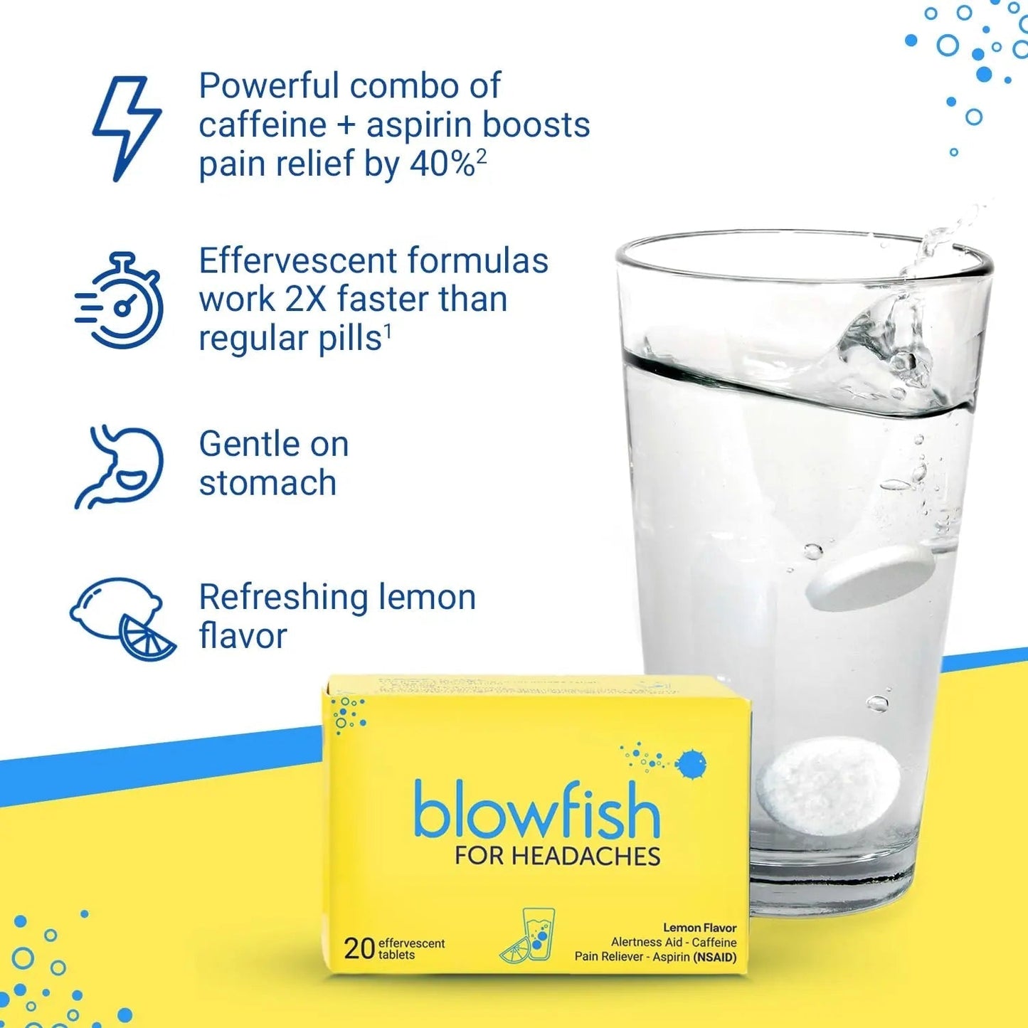 Blowfish for Headaches | Maximum Strength Effervescent Pain Relief Tablets – Treats Headaches Fast, 2X Faster Than Pills – Lemon Flavor (2 Pack) - dailyvitalstore