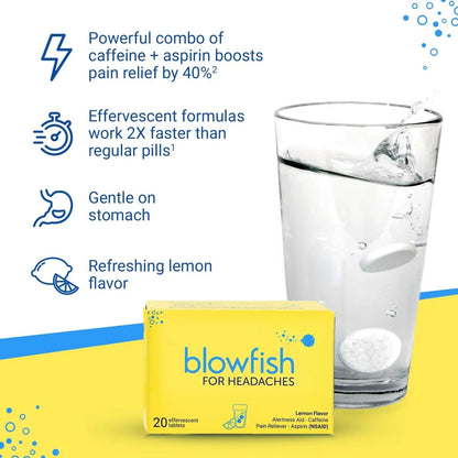 Blowfish for Headaches | Maximum Strength Effervescent Pain Relief Tablets – Treats Headaches Fast, 2X Faster Than Pills – Lemon Flavor (2 Pack) - dailyvitalstore