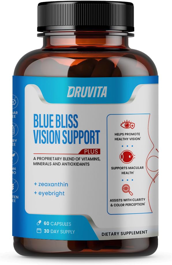 Blue Bliss Vision Support - Eye Vitamins with Lutein, Biotin, Bilberry and Zeaxanthin - Vitamin Supplement for Vision Health and Preservation for Adults Seniors 60 Veggie Capsules 30 Day Supply - dailyvitalstore