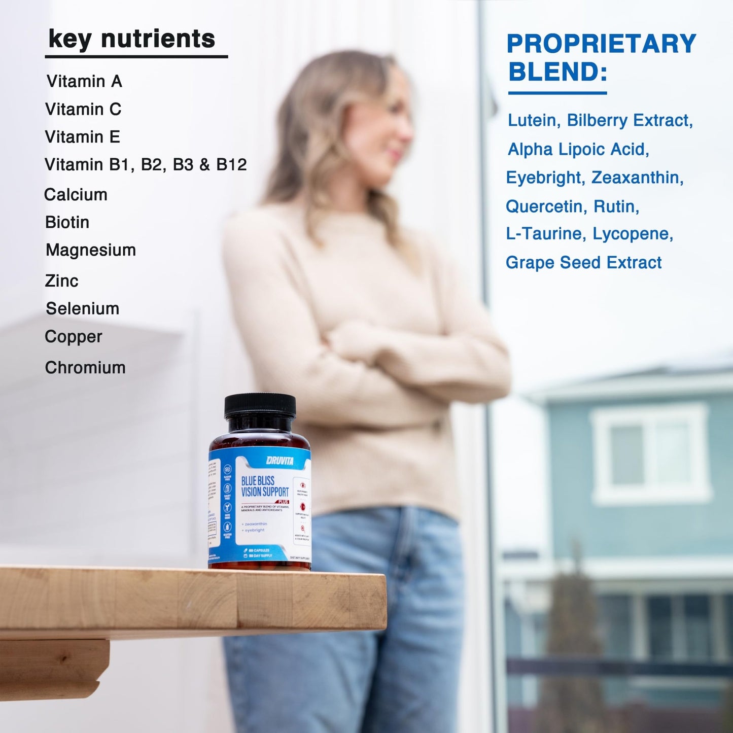 Blue Bliss Vision Support - Eye Vitamins with Lutein, Biotin, Bilberry and Zeaxanthin - Vitamin Supplement for Vision Health and Preservation for Adults Seniors 60 Veggie Capsules 30 Day Supply - dailyvitalstore