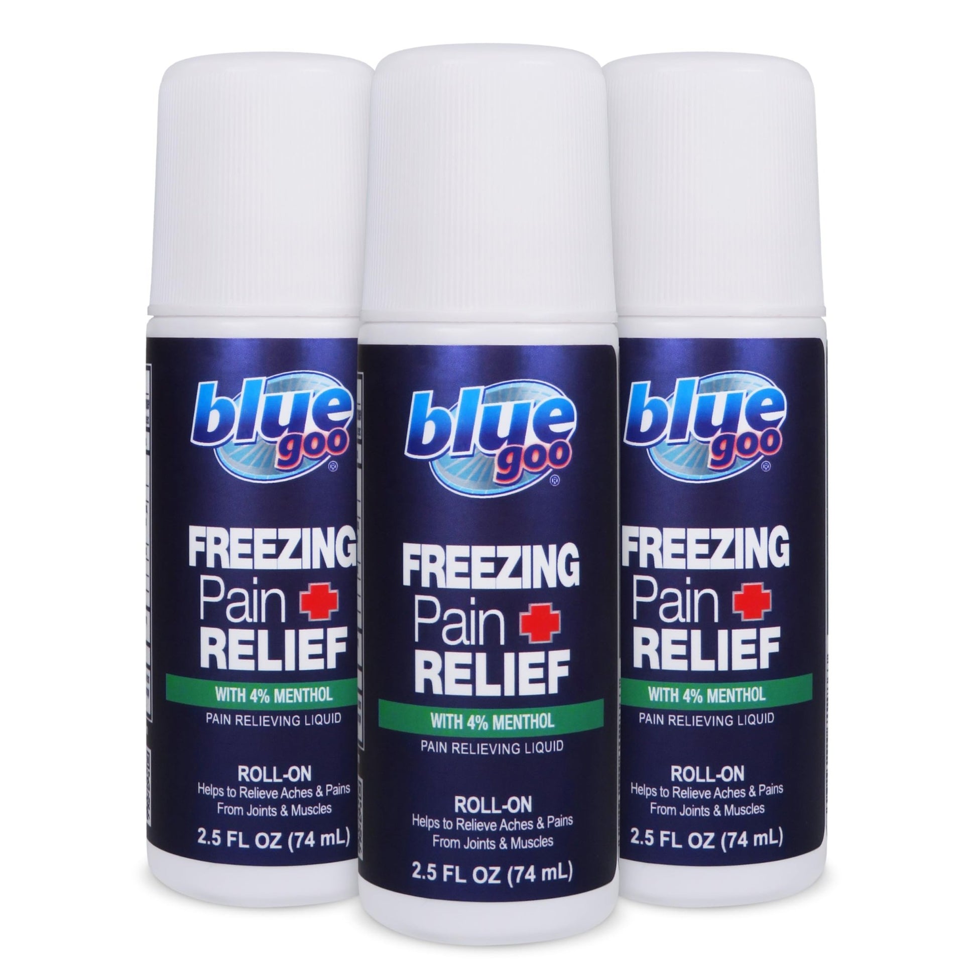Blue Goo Pain Relieving Menthol Roll On – for Back, Neck, Muscle and Joint Pain, Sprains and Strains, Fast-Acting Soothing Cooling Pain Relief Liquid with 4% Menthol, 2.5 oz (3 Pack) - dailyvitalstore