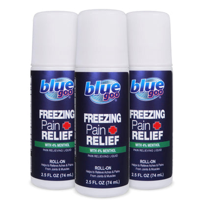 Blue Goo Pain Relieving Menthol Roll On – for Back, Neck, Muscle and Joint Pain, Sprains and Strains, Fast-Acting Soothing Cooling Pain Relief Liquid with 4% Menthol, 2.5 oz (3 Pack) - dailyvitalstore