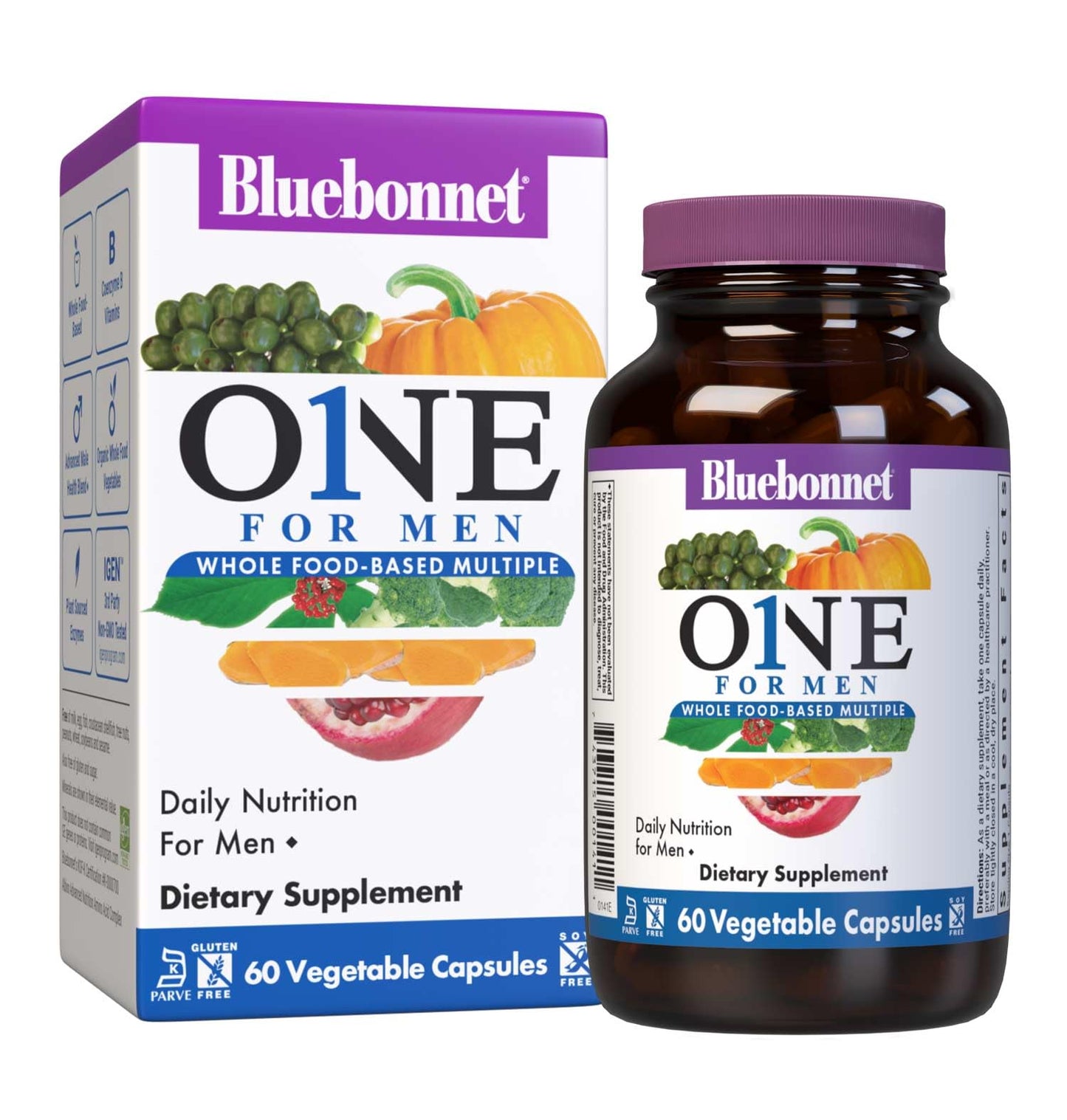 Bluebonnet Nutrition Men’s One Vegetable Capsule, Whole Food Multiple, K2, Organic, Energy, Vitality, Non-GMO, Gluten, Soy & Milk Free, Kosher, 3 Month Supply, 90 Count - dailyvitalstore