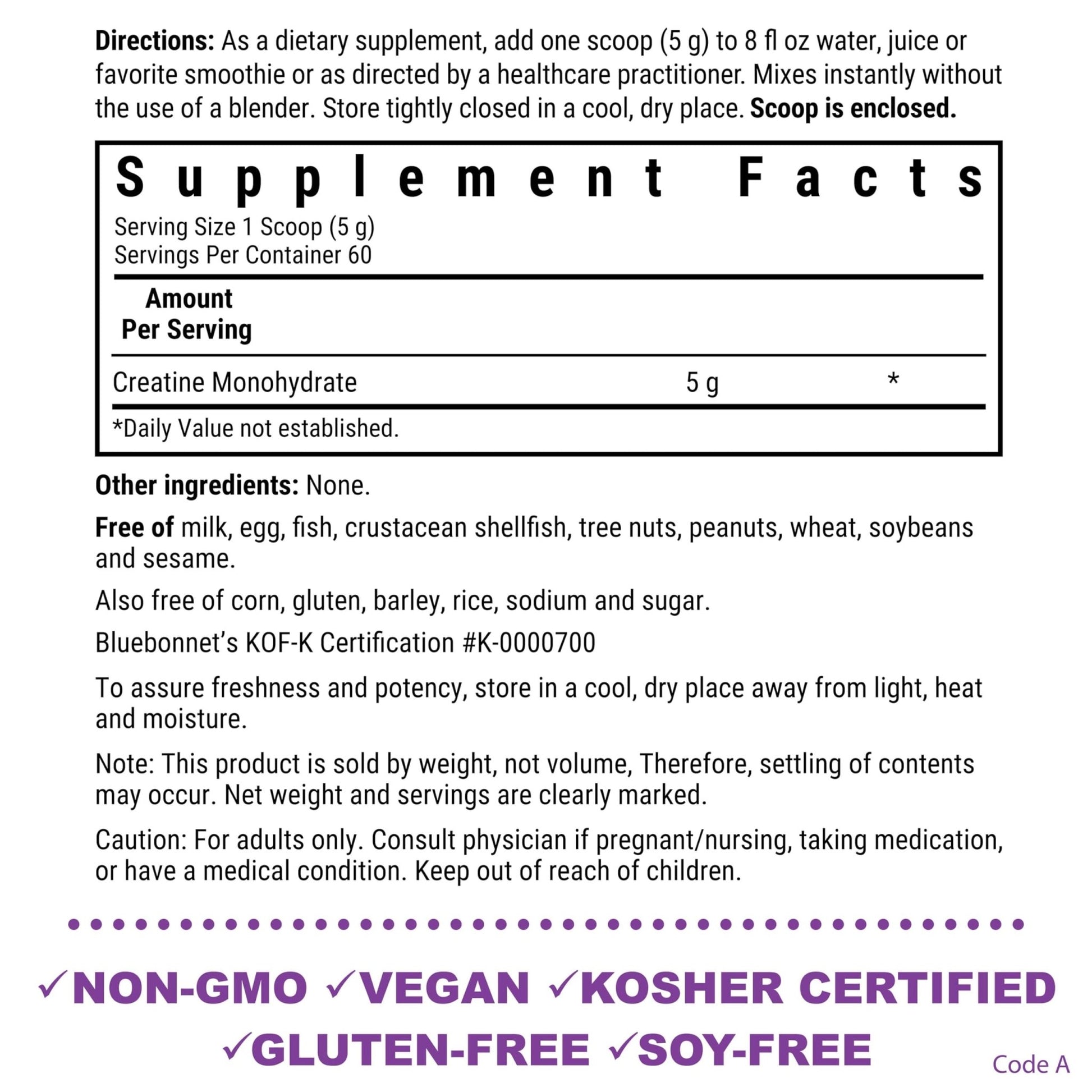 BlueBonnet Nutrition Micronized Creatine Monohydrate 5 g – Supports Lean Muscle Mass* - Non-GMO, Vegan, Kosher Certified, Gluten-Free, Soy-Free, Milk-Free - dailyvitalstore