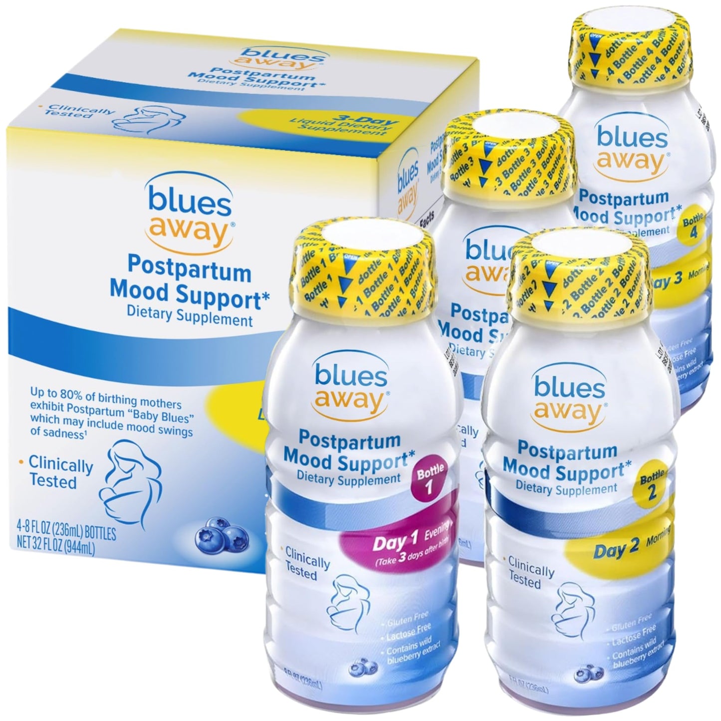 Blues Away Postpartum Mood Support Drink - Breastfeeding Friendly Postnatal Hormone Balance for Women - 3-Day Liquid Dietary Stress Support Shake [4 Bottles] - dailyvitalstore