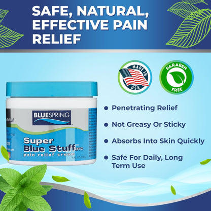 BLUESPRING Pain Relief Cream- Super Blue Stuff with Emu Oil, Arnica, Provides Maximum Arthritis Pain Relief- Anti Inflammatory Cream Goes Deep into the Skin- Great Muscle Rub and Relaxer Cream - 4 oz - dailyvitalstore