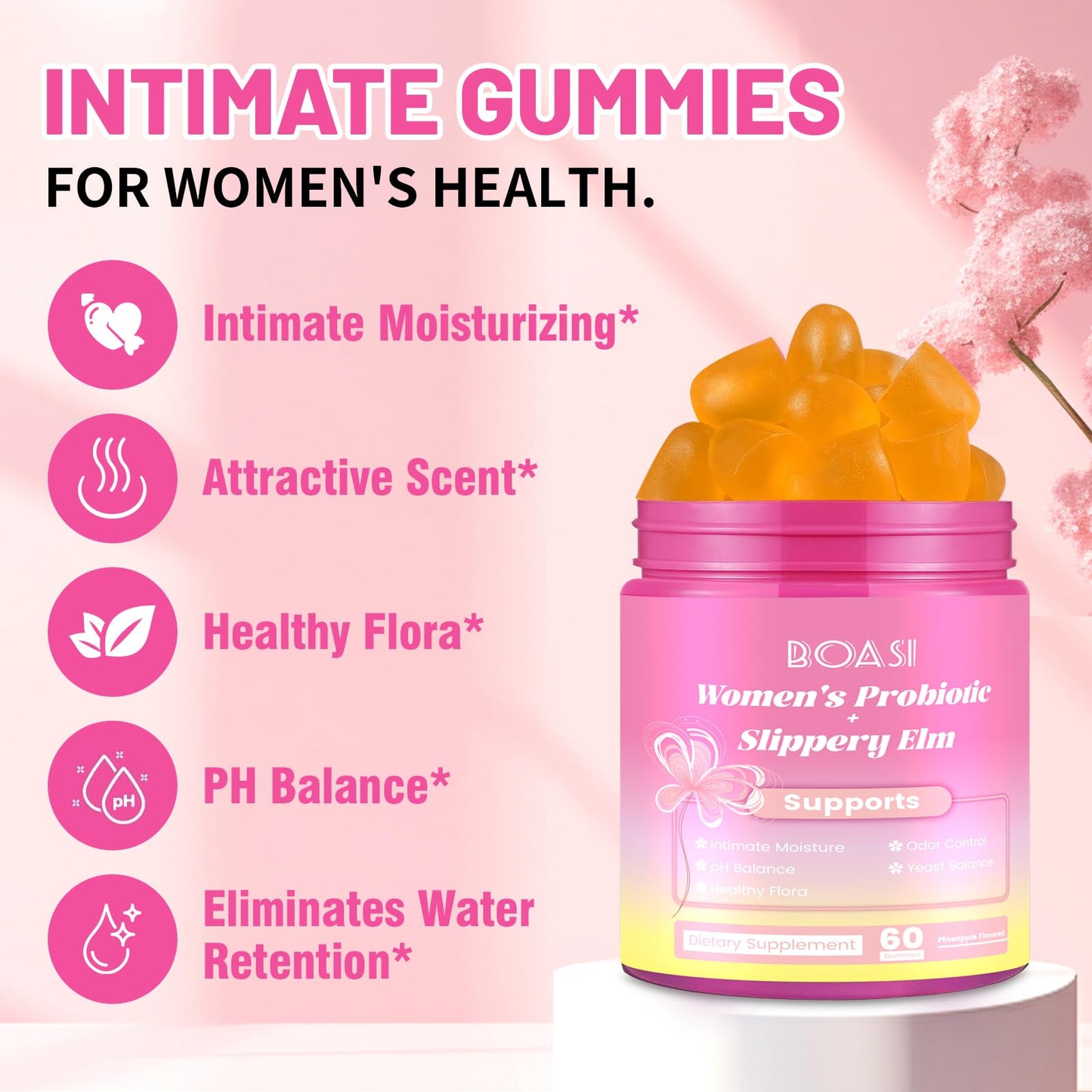 Boasi Women's Probiotics Slippery Elm Gummies,Her Juicy PH Balance,Vaginal Feminine Probiotics Pineapple Gummies,Digestive,Immune Health - dailyvitalstore