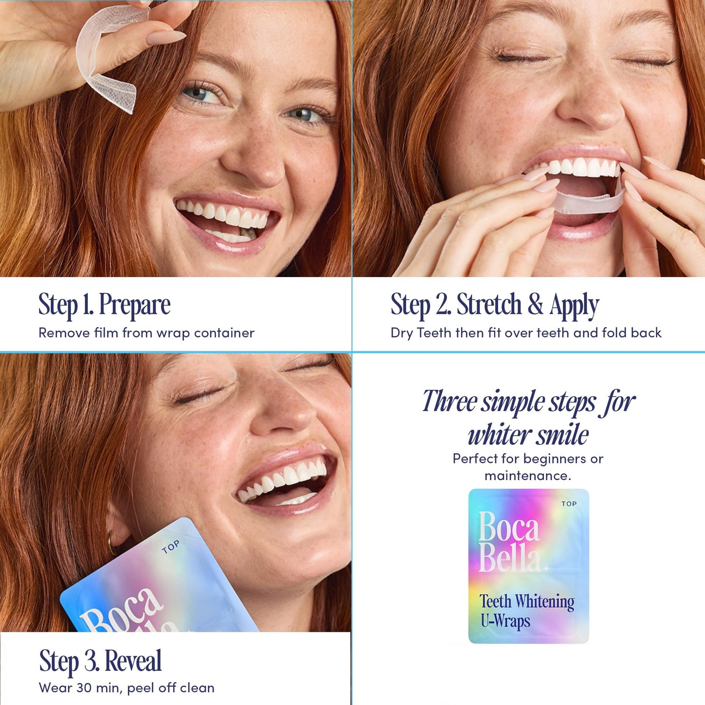 BocaBella Teeth Whitening Trays U-Wraps - 15% Hydrogen Peroxide Whitening Strips & Tray Alternative - Nano-Hydroxyapatite Enamel Safe - 10 Treatments - dailyvitalstore