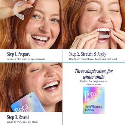 BocaBella Teeth Whitening Trays U-Wraps - 15% Hydrogen Peroxide Whitening Strips & Tray Alternative - Nano-Hydroxyapatite Enamel Safe - 10 Treatments - dailyvitalstore