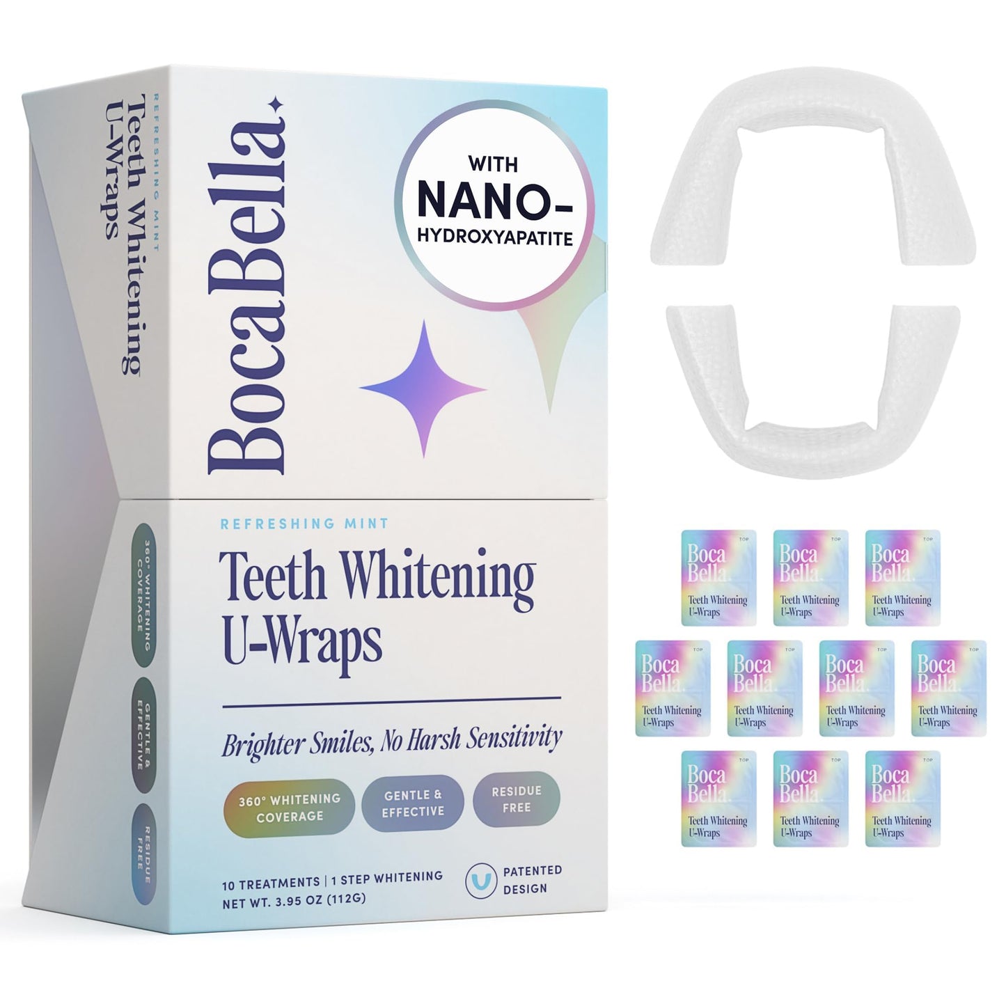 BocaBella Teeth Whitening Trays U-Wraps - 15% Hydrogen Peroxide Whitening Strips & Tray Alternative - Nano-Hydroxyapatite Enamel Safe - 10 Treatments - dailyvitalstore
