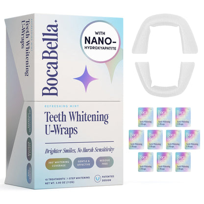 BocaBella Teeth Whitening Trays U-Wraps - 15% Hydrogen Peroxide Whitening Strips & Tray Alternative - Nano-Hydroxyapatite Enamel Safe - 10 Treatments - dailyvitalstore