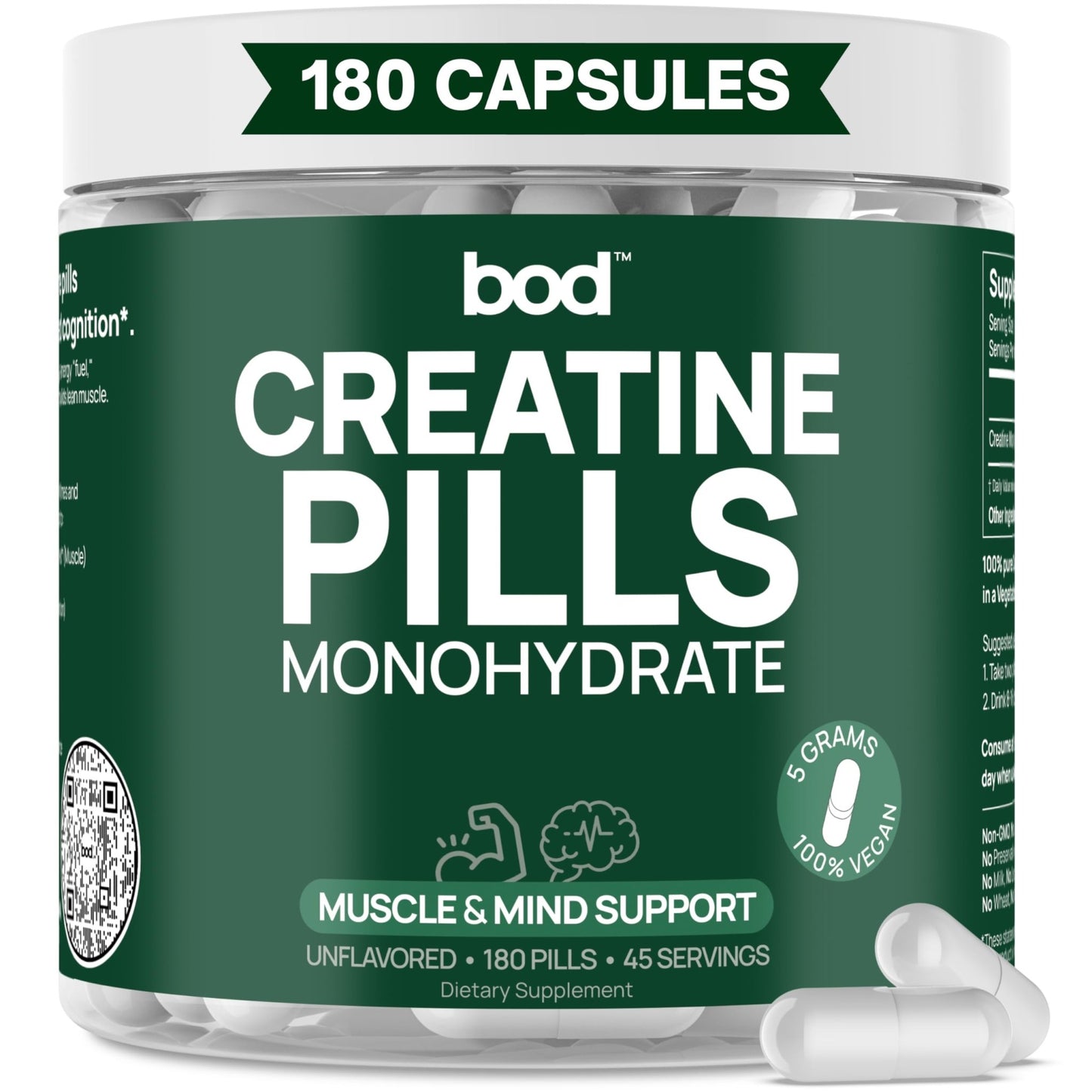 Bod Creatine Monohydrate Capsules – 45 Servings (4 Capsules = 5 g) – Ultra-Pure 200 Mesh Creatine Monohydrate – Strength - dailyvitalstore