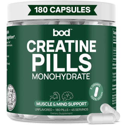 Bod Creatine Monohydrate Capsules – 45 Servings (4 Capsules = 5 g) – Ultra-Pure 200 Mesh Creatine Monohydrate – Strength - dailyvitalstore