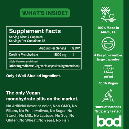 Bod Creatine Monohydrate Capsules – 45 Servings (4 Capsules = 5 g) – Ultra-Pure 200 Mesh Creatine Monohydrate – Strength - dailyvitalstore