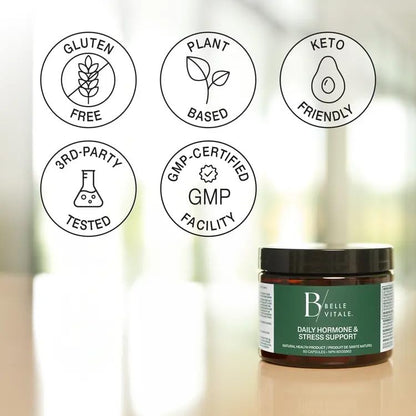 BODi Belle Vitale Daily Hormone & Stress Support - Ashwagandha & Rhodiola - Helps Combat Stress & Supports Healthy Cortisol Levels - Vitamin B12 Help Energy Metabolism & Immune Health - 60 Capsules - dailyvitalstore