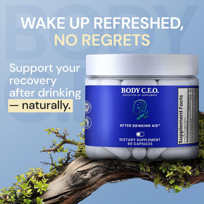 Body C.E.O. After Drinking Aid - Electrolyte Balance & Recovery - DHM (Dihydromyricetin), L-Cysteine, Prickly Pear, Milk Thistle, Zinger, Vitamin-B for Recovery - Filler-Free Formula - 60 Capsules - dailyvitalstore